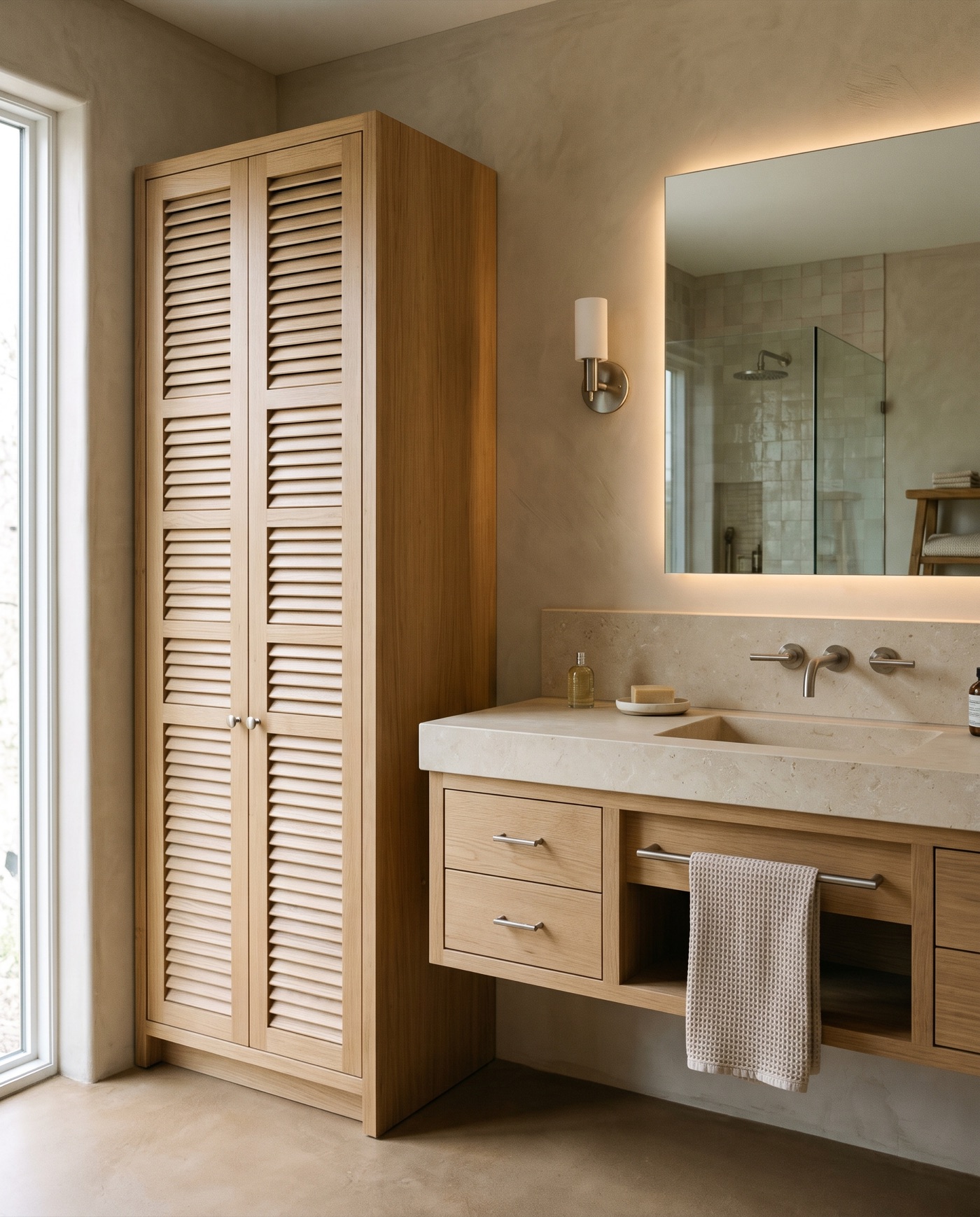 Jaluzi kapaklı meşe boy dolap ve kireçtaşı tezgâhlı banyo dolabı