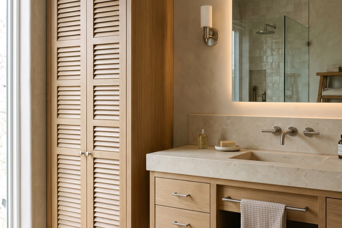 Jaluzi kapaklı meşe boy dolap ve kireçtaşı tezgâhlı banyo dolabı
