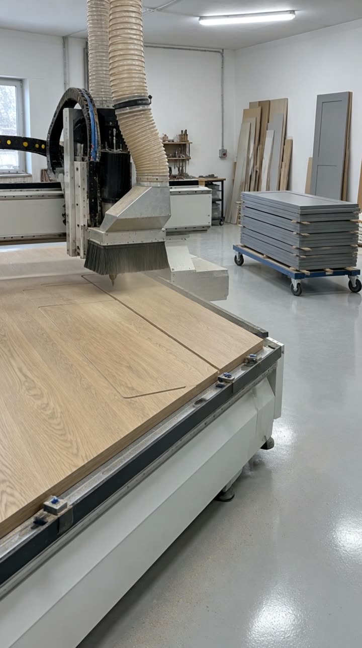 CNC tezgâhında kesilen meşe kaplama panel, modern mobilya atölyesi (konsept görsel)