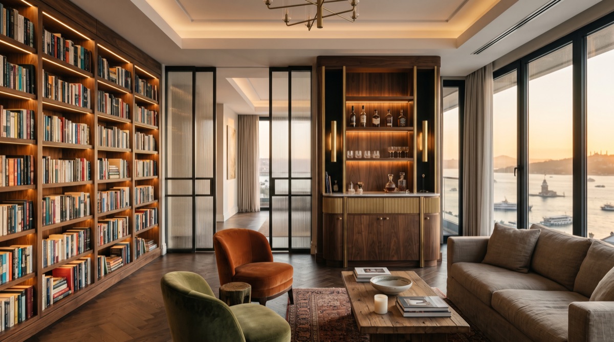 Ceviz kitaplık duvarı, kanallı cam sürgü kapılar ve bar ünitesi olan Boğaz manzaralı salon