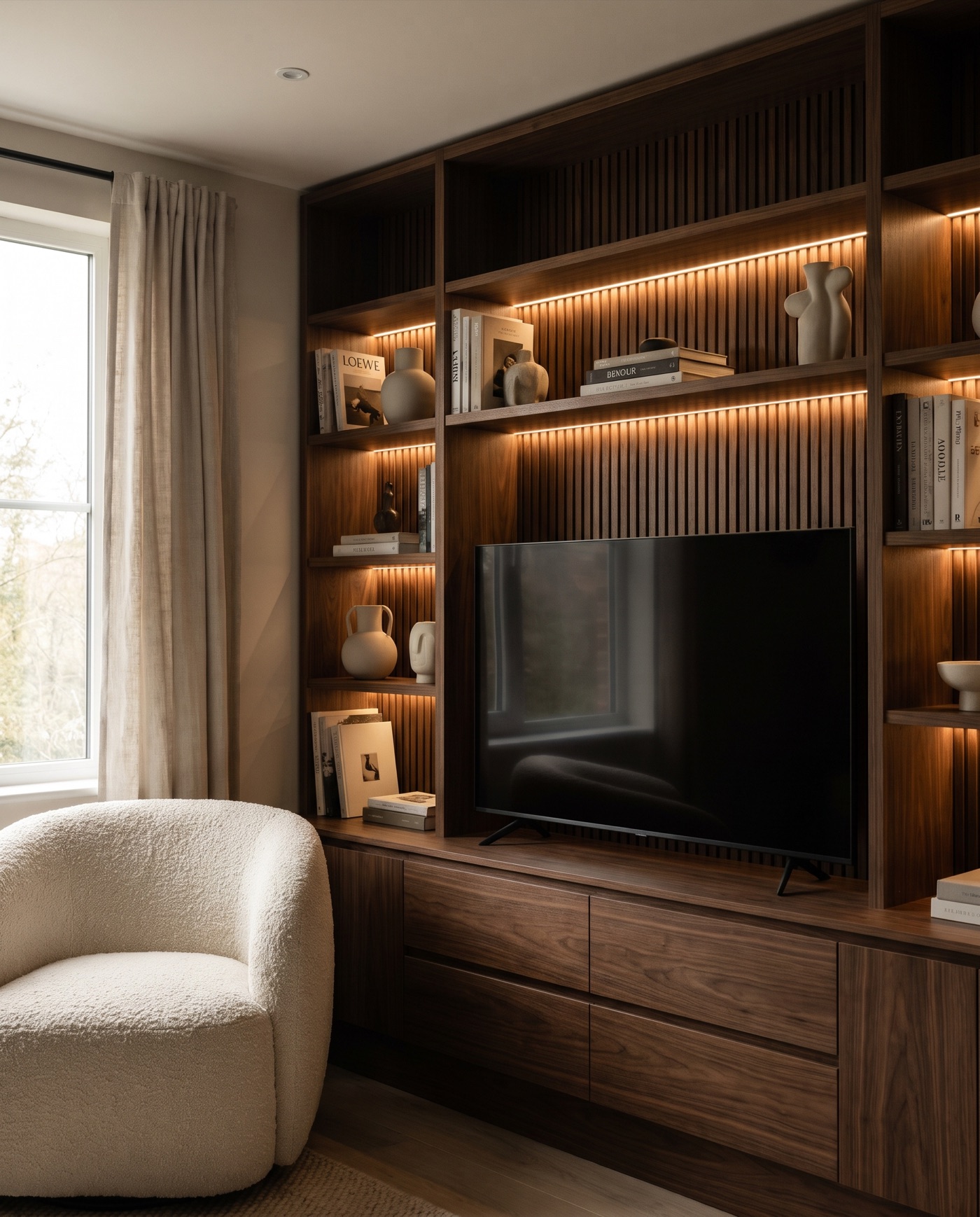 Ceviz kaplama TV ünitesi ve kanallı arkalıklı, gizli LED aydınlatmalı kitaplık